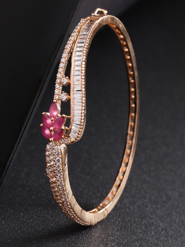 Priyaasi Rose Gold-Plated Ruby And American Diamond Studded Bracelet In Floral Pattern