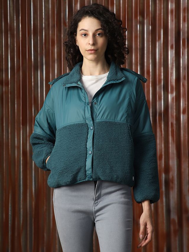 High Star Women's Self Design Shirt Collar Sweatshirt | Teal - S