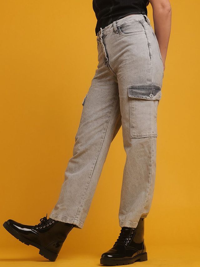 Freehand Women's Cargo Denim Jeans | Grey - 34