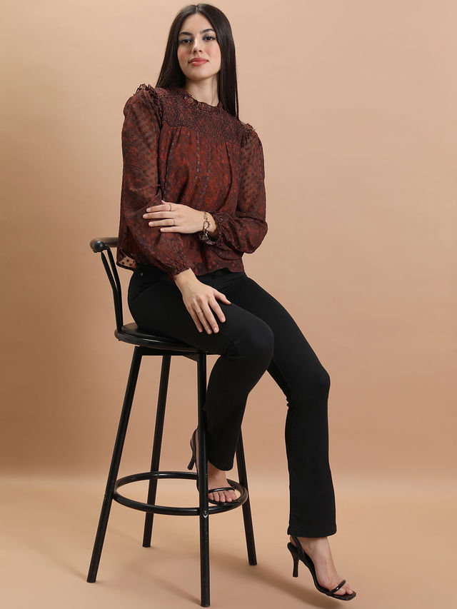 Tokyo Talkies Women's Smocked Blouson Top | Rust - S
