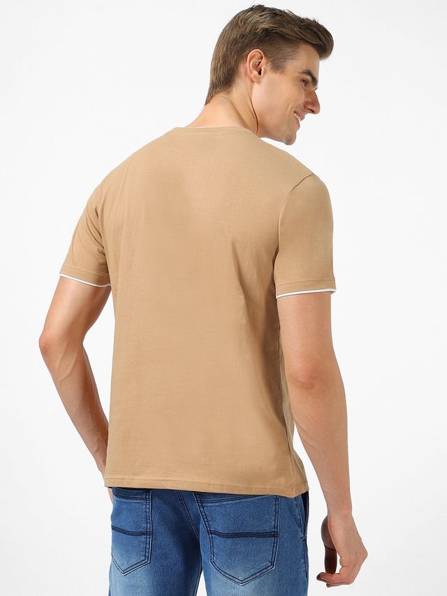 Urbano Fashion Men's Slim Fit Solid Round Neck Half Sleeve Cotton T-Shirt | Khaki - L