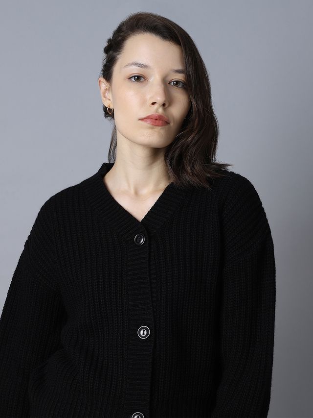 High Star Women's Ribbed Acrylic Cardigan | Black - L