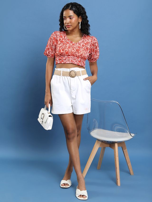 Ketch Women's Floral Printed V-Neck Puff Sleeves Tie-Up Blouson Crop Top | Multicolor - L