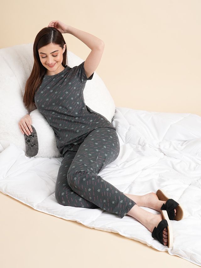 Sweet Dreams Women Printed Half Sleeves Top & Bottom Set Dark Grey - XL