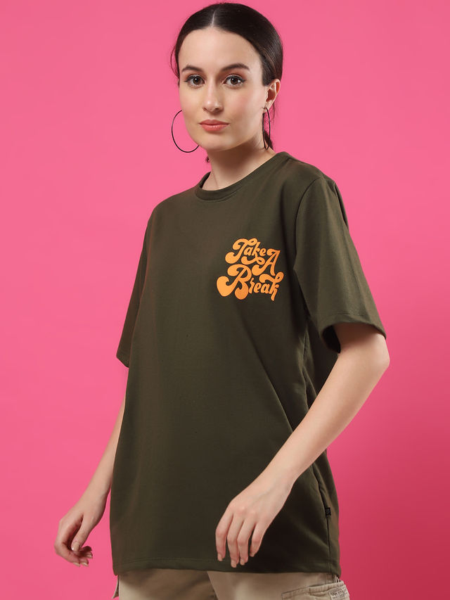 Rigo Women Terry Oversized Back T-shirt | Army Green - M
