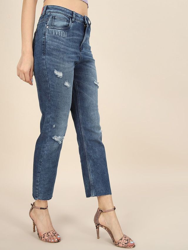 Freehand Women's Distress Straight Fit Jeans | Blue - 30