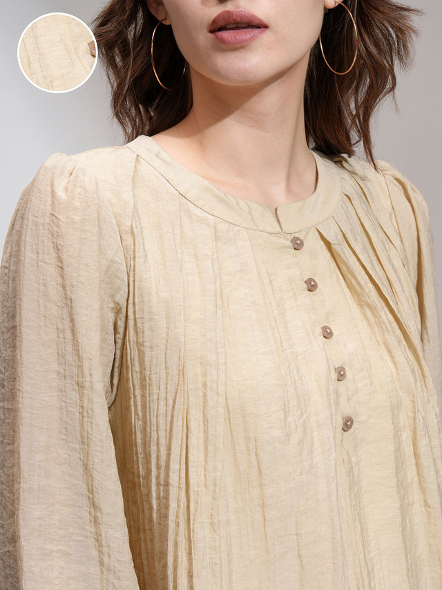 Buy Tokyo Talkies Women's Solid Bishop Sleeve Pleated Top | Khaki