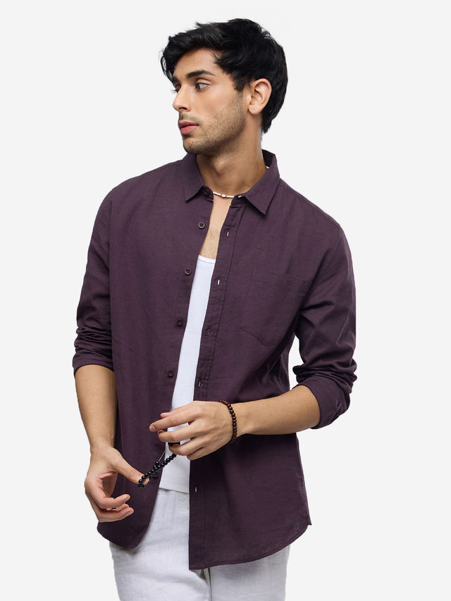 The Souled Store Men's Regular Cotton Linen- Berry Shirts | Purple | L