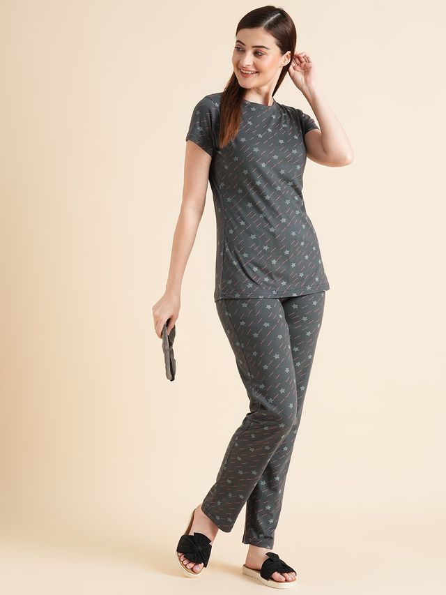 Sweet Dreams Women Printed Half Sleeves Top & Bottom Set Dark Grey - XL