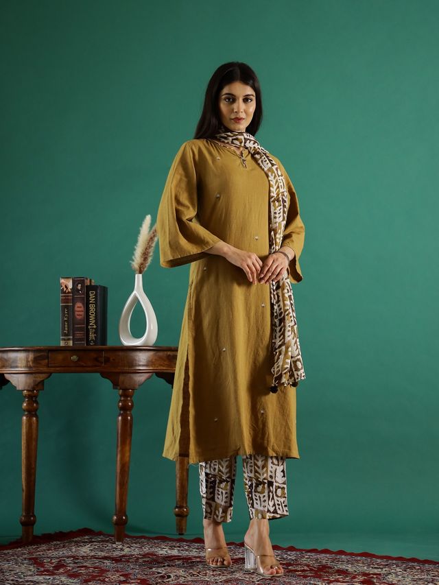 Rangdeep Floral Printed Thread Work Kurta with Trouser & Dupatta for Women s | Mustard | L