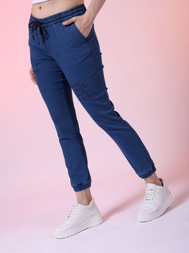Freehand Women's Mid-Rise Medium Washed Printed Joggers With Elasticated Drawstring | Blue - 28