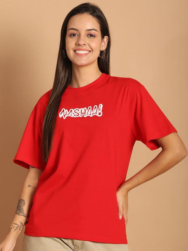 Fabflee Women Oversize Cotton Printed Round Neck Tshirt | Red | FAB-OS-505 | M