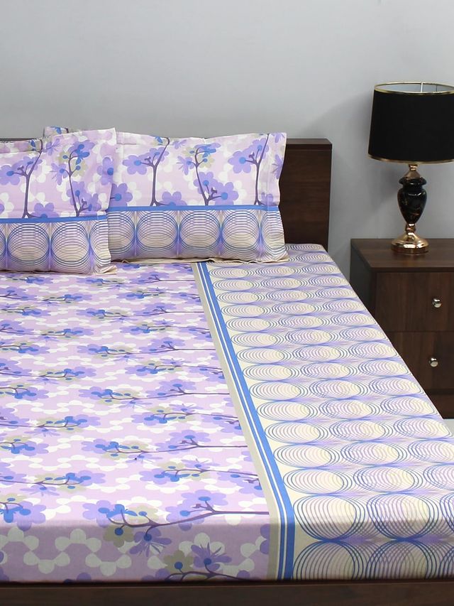 Bombay Dyeing Ivyrose 110 TC 100% Cotton Queen Bedsheet - Purple White | With 2 Pillow Covers