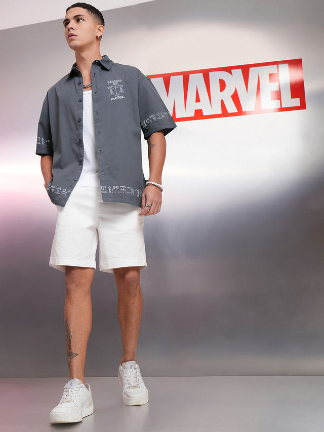 HIGHLANDER Men's Marvel Moonknight Printed Oversized Casual Shirt | Dusty Blue - L