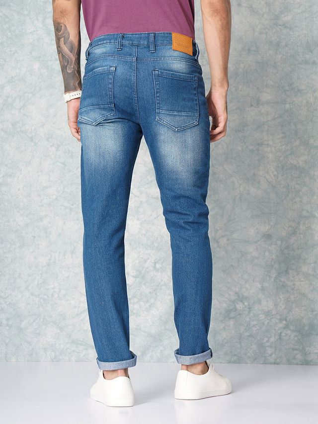 The Indian Garage Co Men's Slim Fit Solid Casual Jeans | Blue - 36