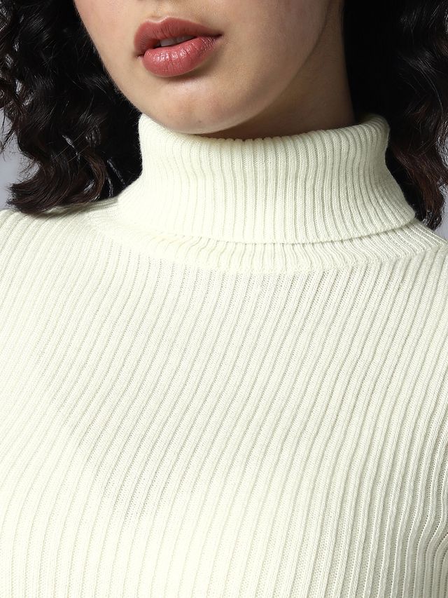 High Star Women's Ribbed Turtle Neck Long Sleeves Acrylic Pullover | White - S