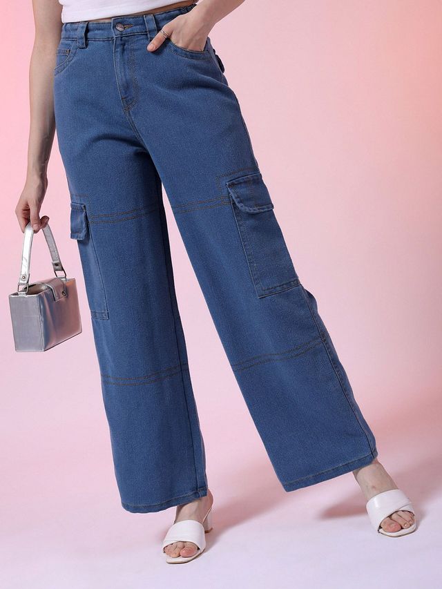 Freehand Women's Top Stitched Baggy Cargo Denim With Flap Pocket | Blue - 30