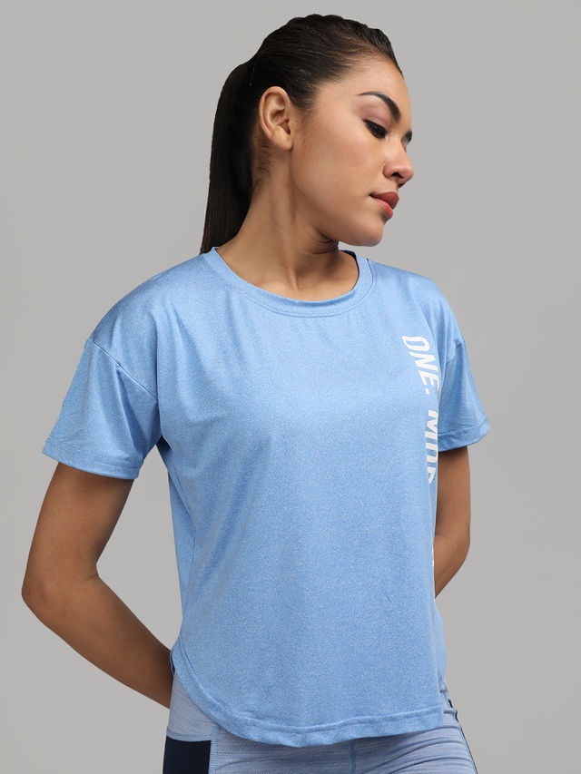 Chkokko Women's Round Neck Dry Fit Gym Sports Printed T-shirt | Self Blue - L