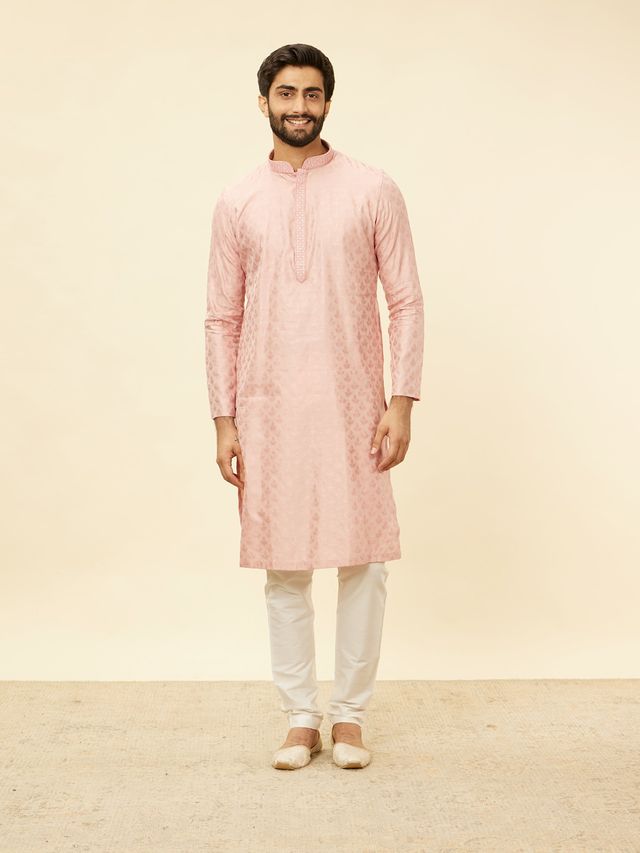 Manyavar Pink Blended Viscose Self Design Kurta Set | L