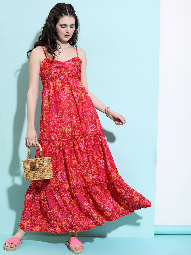 Tokyo Talkies Women's Floral Printed Fit and Flare Maxi Dress with Pleats | Red - M