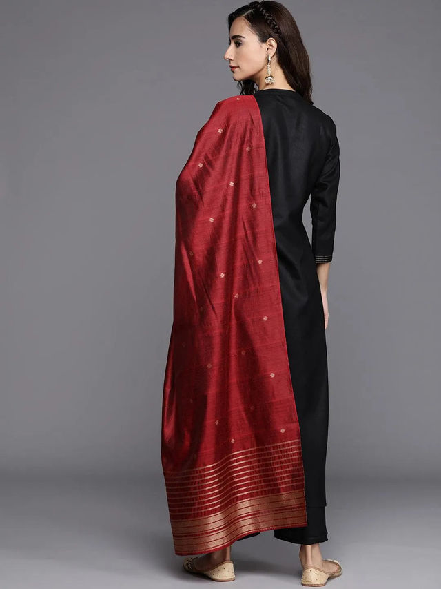 Libas Women Black Solid Kurta And Black Solid Palazzo With Maroon Silk Dupatta - 20231Os