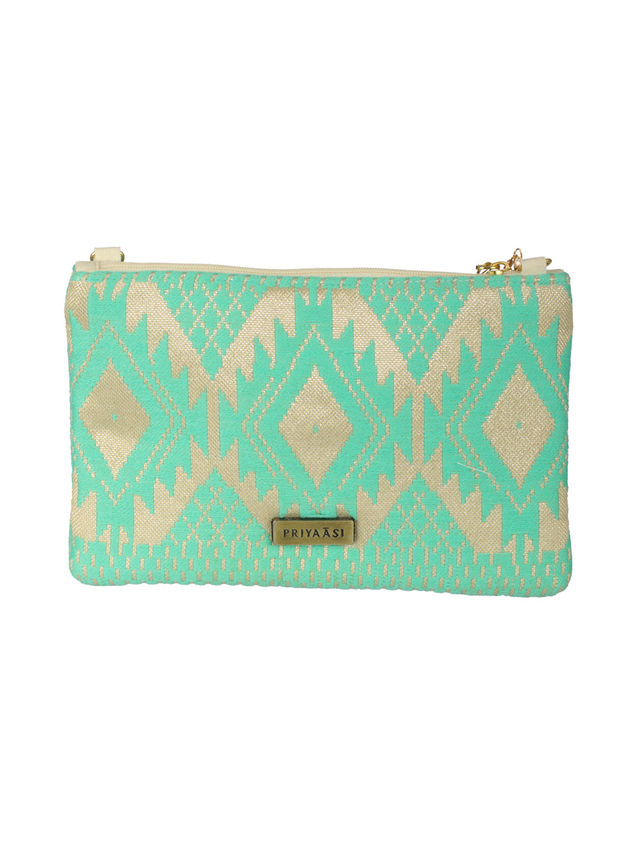 Priyaasi Women's Fabric Zipper Pouch | Gold and Green