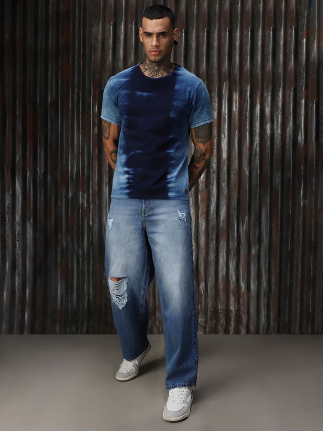 High Star Men's Tie & Dye Round Neck T-Shirt | Blue - L