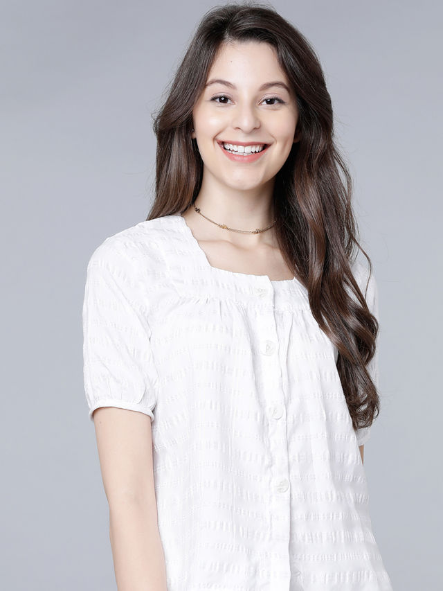Tokyo Talkies Women's Self Design Casual Top | White - L