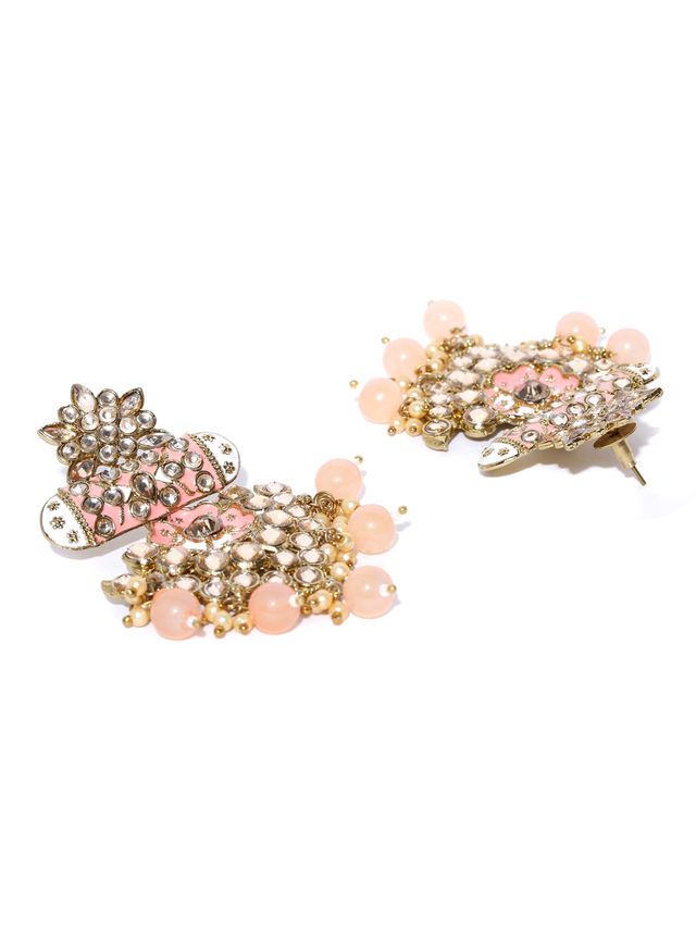 Priyaasi Gold-Plated Stone Studded Meenakari Earrings with Beads Drop in Peach Color