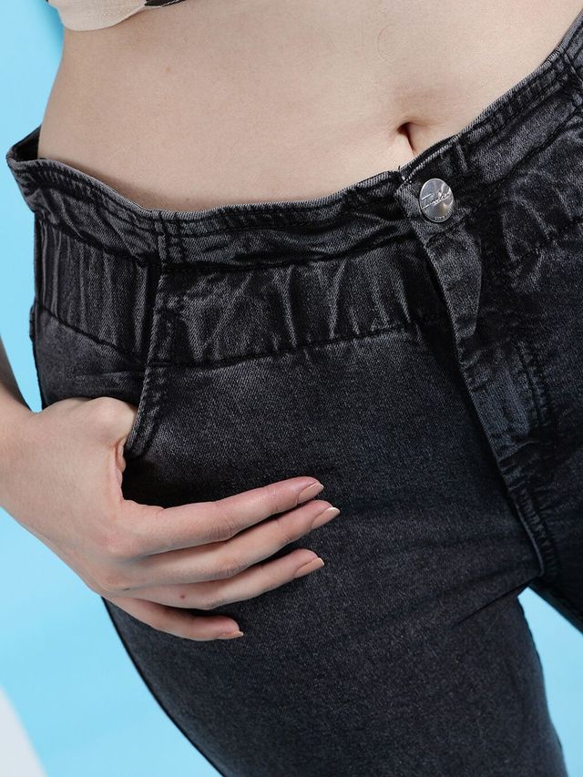 Freehand Women's Elasticated Ruffle Slim Fit Denim Jeans | Black - 28