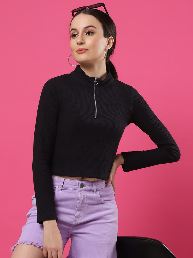 Rigo Women High Collar Half Zipper Waffle Knit Top | Black - L