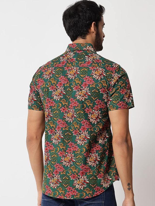 Sanskrutihomes Original Floral Printed Casual Shirt for Men | Green | M