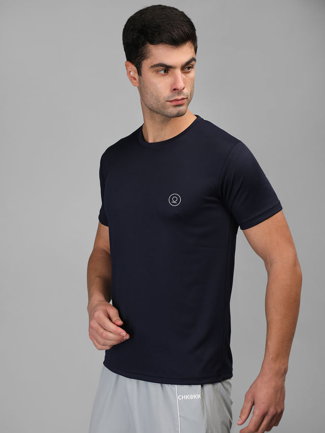 Chkokko Men's Solid Regular Fit Sports T-shirt | Navy Blue - L