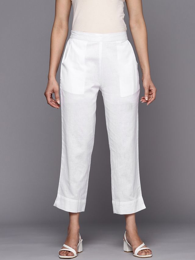 Libas Women White Cotton Side Slit Solid Trousers With Both Side Pockets - Pl1401L