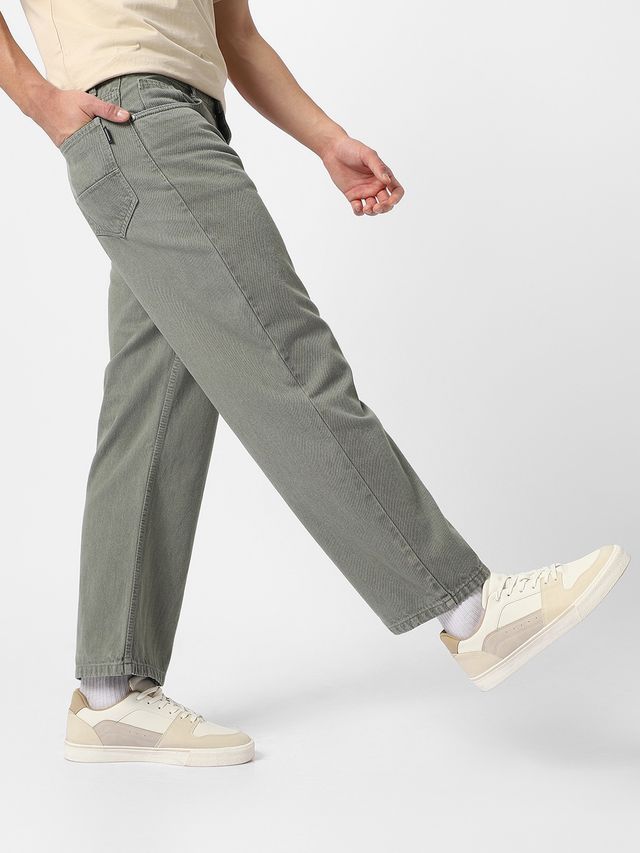Urbano Fashion Men's Olive Green Loose Baggy Fit Washed Jeans Non-Stretchable-32