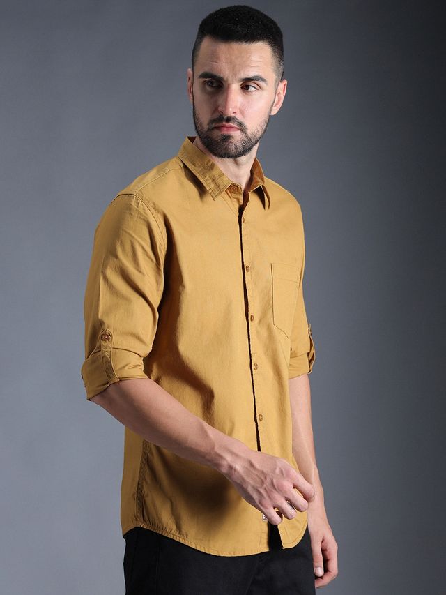 High Star Men Mustard Classic Roll Up Sleeves Pure Cotton Casual Shirt (Size-38)