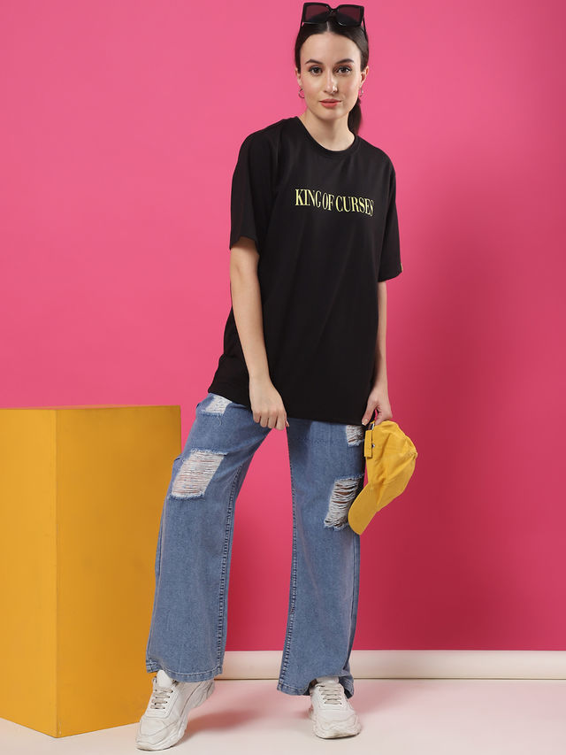 Rigo Women Terry Oversized Printed T-shirt | Black - L