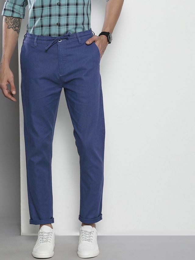 The Indian Garage Co Men's Slim Fit Solid Casual Linen Trousers | Blue Indigo - 32