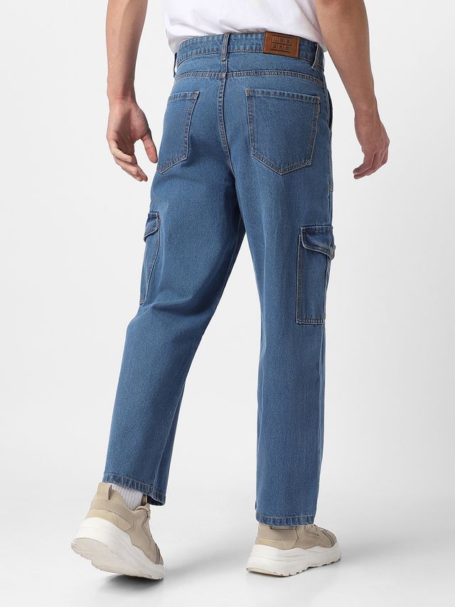 Urbano Fashion Men's Cargo Jeans Loose Baggy Fit 6 Pockets Non-Stretchable | Light Blue | 36