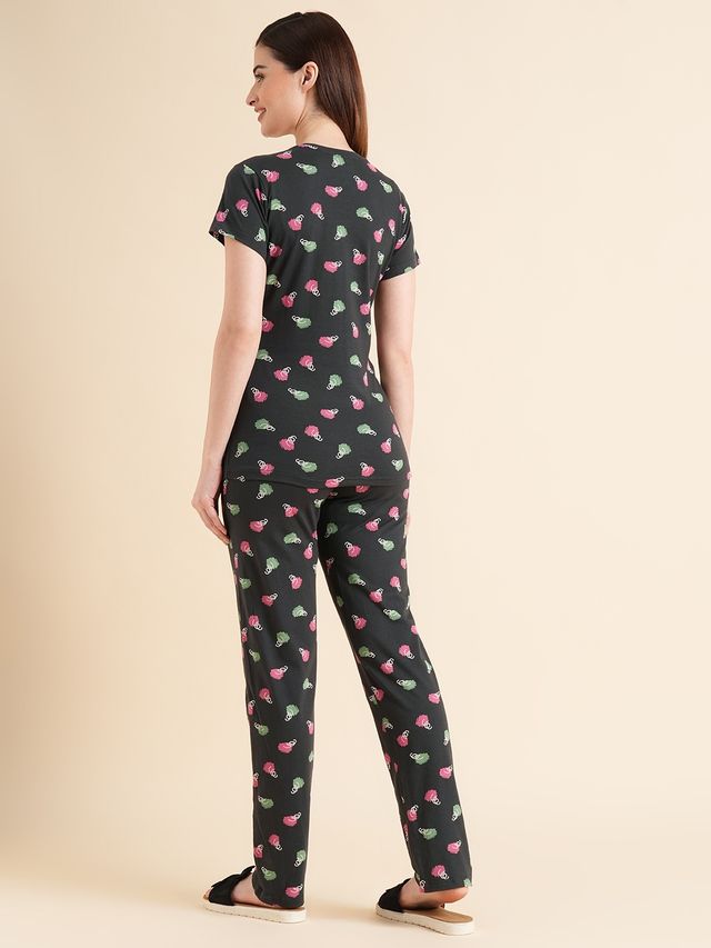 Sweet Dreams Women Printed Half Sleeves Top & Bottom Set Dark Green - XXL