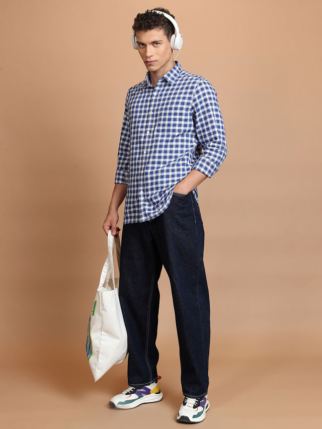 Ketch Men Blue Slim Fit Checked Casual Shirt | Blue - S
