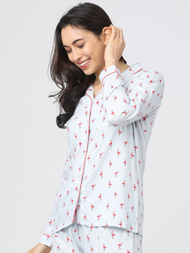 Tokyo Talkies Women's Printed Sleep Shirt | Coral and Blue - M
