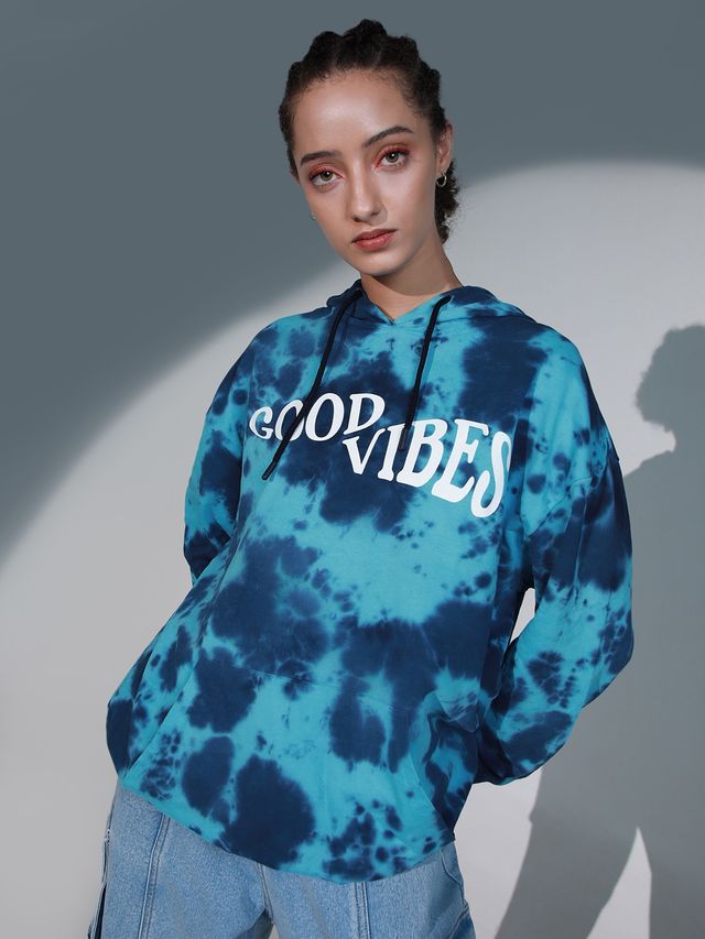 Hubberholme Women's Typography Printed Hooded Long Sleeve Sweatshirt | Blue - S