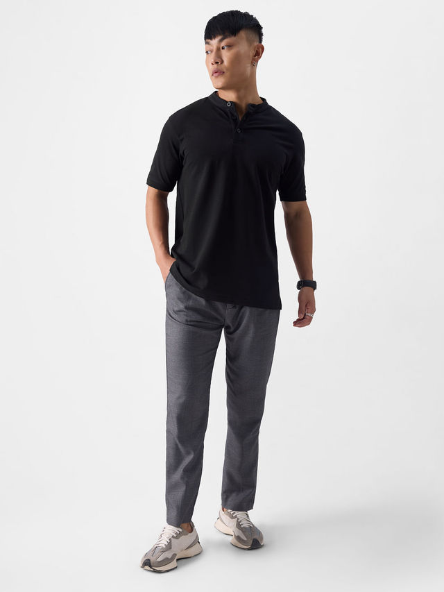 The Souled Store Men's Regular Solids- Midnight Black Mandarin Polo | 2XL
