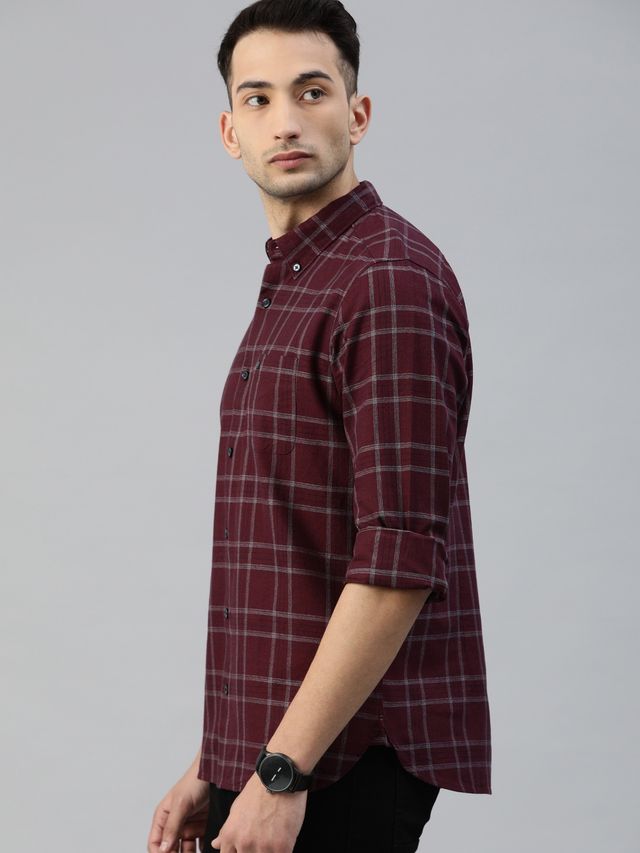 The Bear House Men Slim Fit Checked Button-Down Casual Shirt - Andreas | Maroon | L