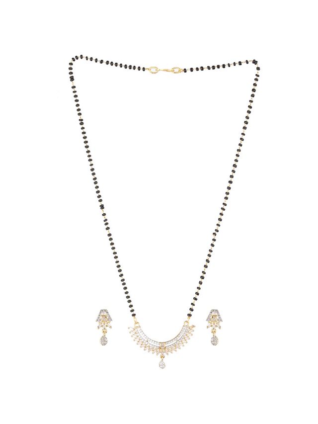 Aatmana Black Gold-Plated Beaded & AD Studded Mangalsutra & Earrings Set
