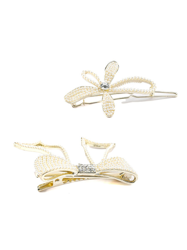 Priyaasi White Flower & Bow Hair Pin Set