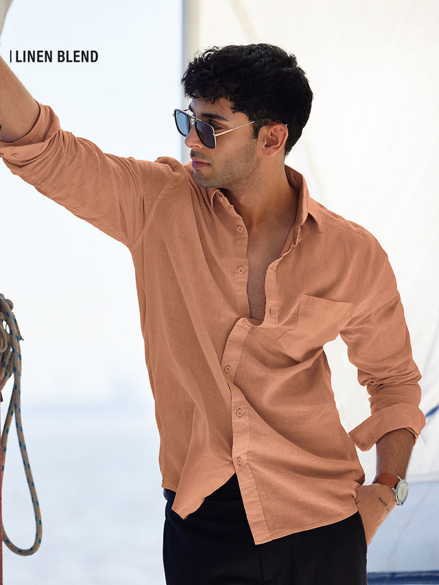 The Souled Store Men's Regular Cotton Linen Shirts | Orange | L