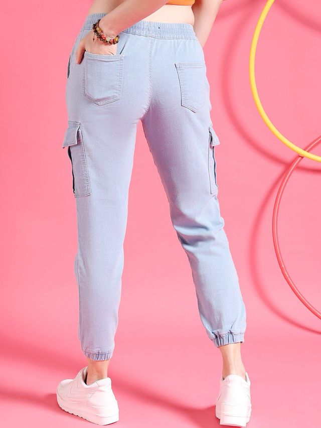 Freehand Women's Mid-Rise Light Washed Joggers With Elasticated Drawstring At Waist | Blue - 30