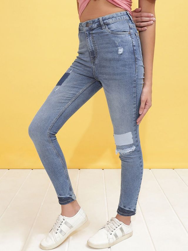 Freehand Women's Slim Fit Jeans With Colour Block Patch | Blue - 28